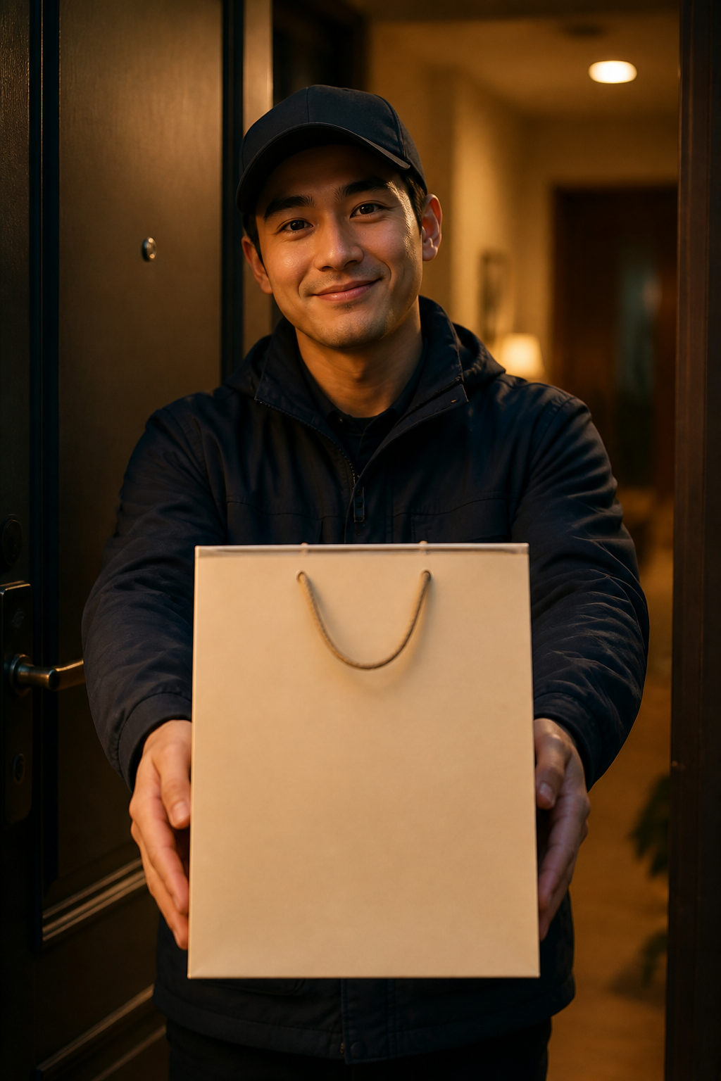 A delivery courier holding out a gift bag at the door at night